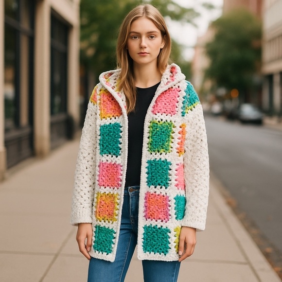 Granny Square Afghan Crochet Cardigan, Hooded Cardigan Handmade Plus Size - Picture 1 of 15